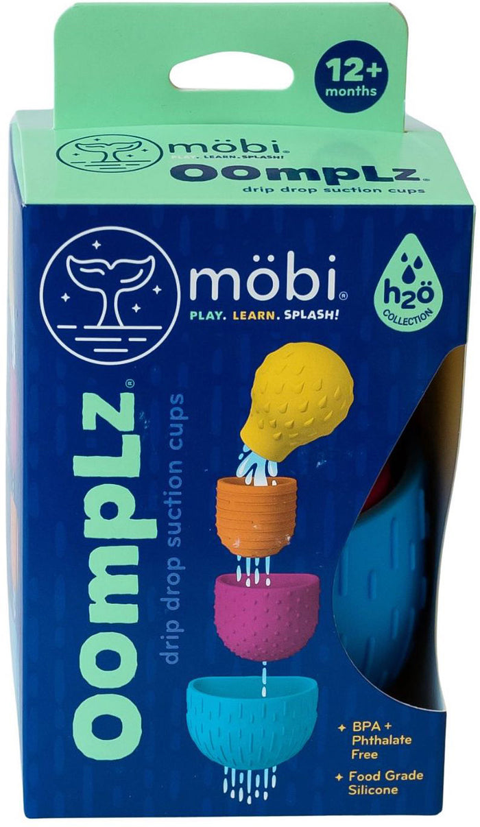 Blue Mobi Oomplz box showing yellow, orange, pink, and blue textured silicone suction cups dripping water.