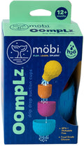 Blue Mobi Oomplz box showing yellow, orange, pink, and blue textured silicone suction cups dripping water.