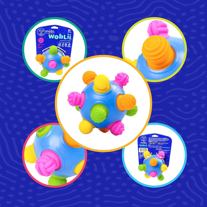 Blue sphere with colorful textured nubs in yellow, pink, and green. Shown in a collage with its retail packaging.