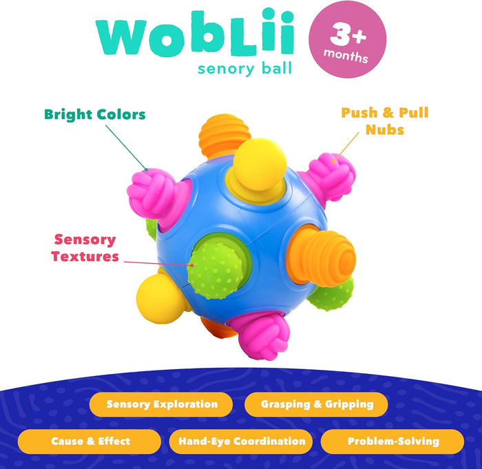 Blue spherical baby toy with pink, orange, yellow, and green textured nubs for sensory play and motor skills.