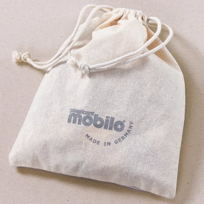 Small cream cotton drawstring bag with a grey Mobilo logo and Made in Germany text printed on the front.