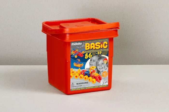 Red plastic bucket with lid and handle, featuring a colorful label with Mobilo construction toys and kids playing.