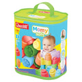 Green zippered bag with 28 soft, colorful round blocks, featuring a clear window and a smiling baby on the front.