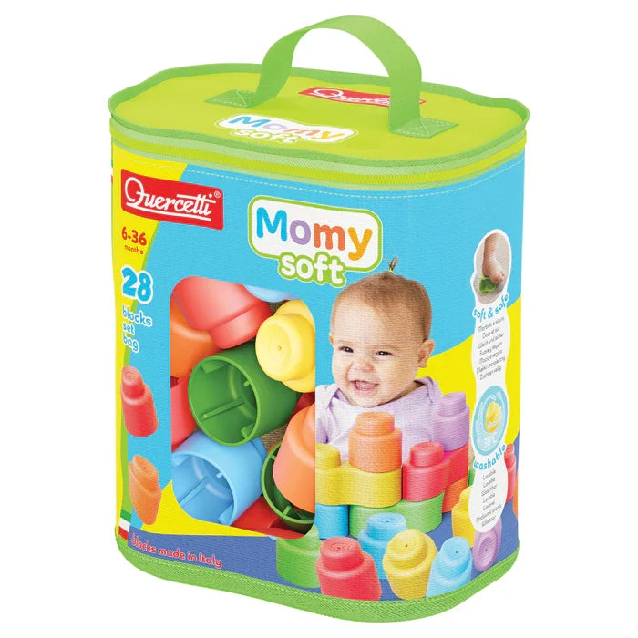 Green zippered bag with 28 soft, colorful round blocks, featuring a clear window and a smiling baby on the front.