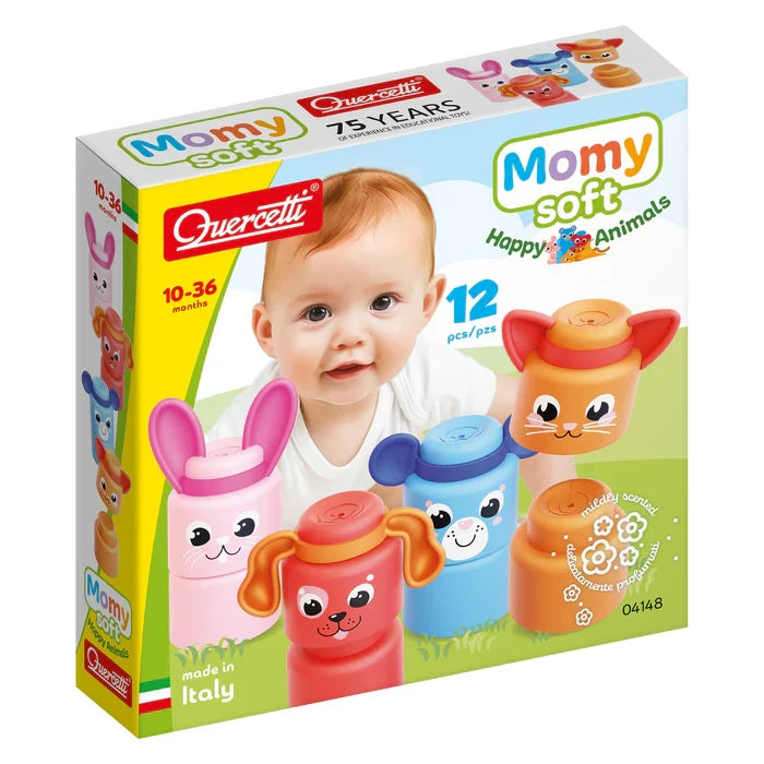 Box of 12 soft, stackable animal blocks in bright colors featuring a baby and various animal-shaped toy characters.