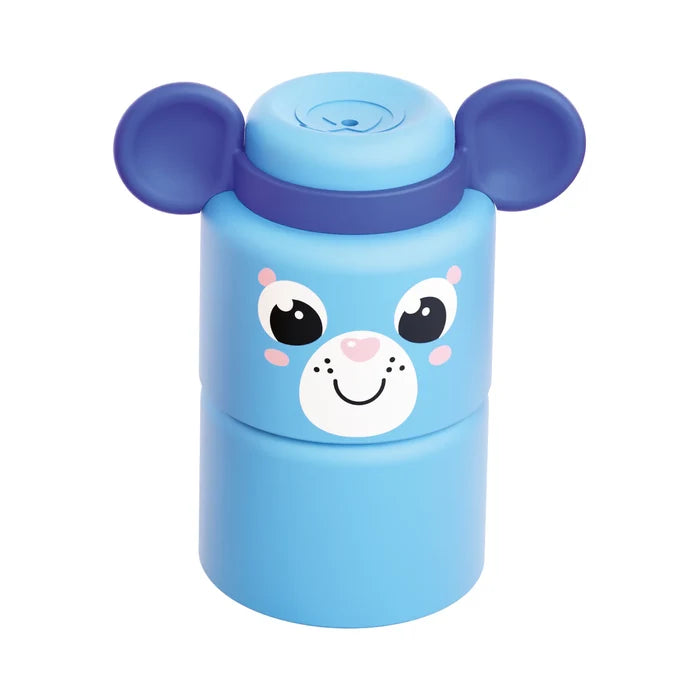 Blue cylindrical container with dark blue animal ears and a cute cartoon face with large eyes and pink cheeks.