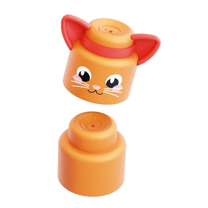 Orange toy blocks with a cat face and red ears, shown as two separate stacking pieces.