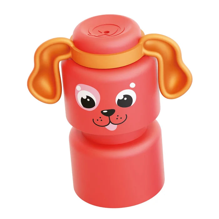 Red stackable dog toy with floppy orange ears, big black eyes, a pink eye patch, and a cute smiling face.