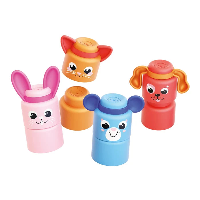 Four colorful, stackable animal figures: a pink bunny, orange cat, blue bear, and red dog with cute faces.