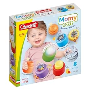 Momy Soft Sensory Blocks packaging showing a baby and 8 colorful, round, textured toys in various bright colors.