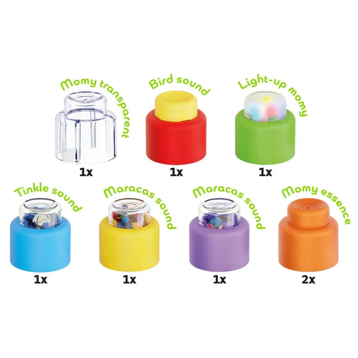 Colorful sensory blocks with transparent, light-up, and sound-making tops like maracas and bird sounds.