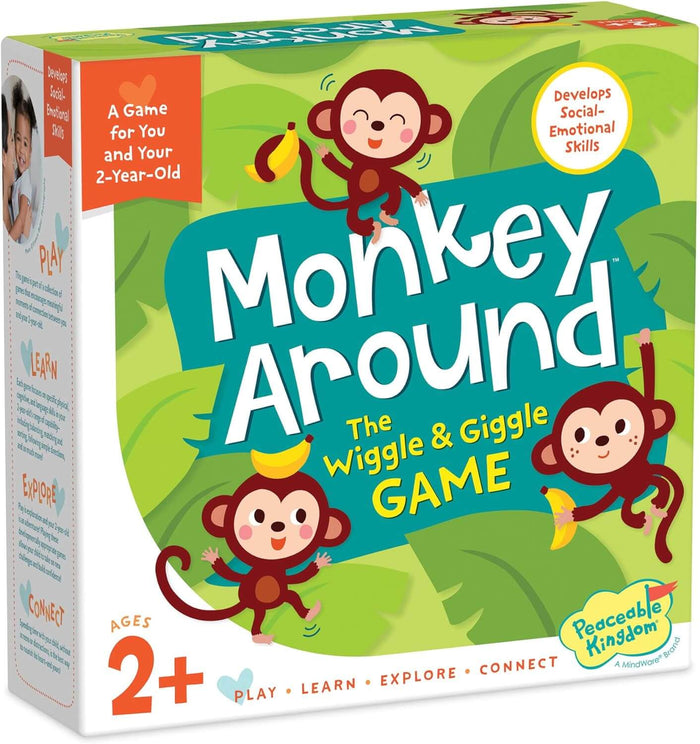 Bright green game box with three cartoon monkeys, large white title Monkey Around, and an orange ages 2 plus label.