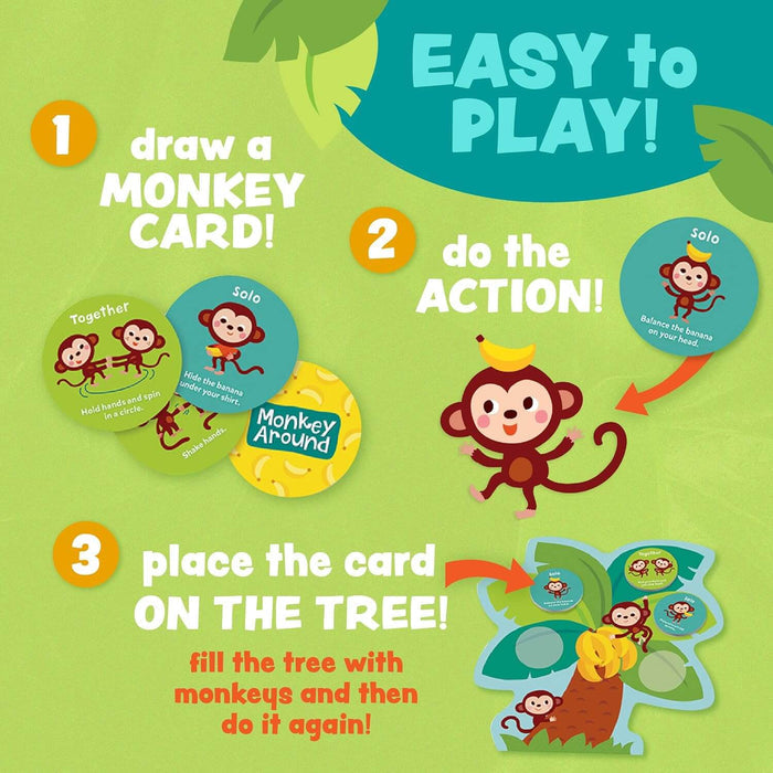 Illustrated guide showing steps to play: draw monkey cards, do the action, and place cards on a colorful cardboard tree.