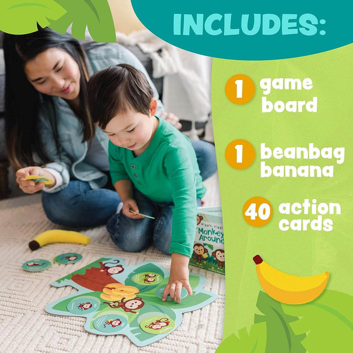 Toddler and parent play with a green leaf board and banana beanbag. Text lists board, beanbag, and 40 action cards.