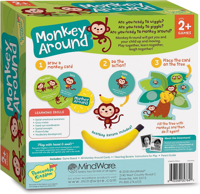 Back of game box with colorful monkey illustrations, 3-step instructions, and a yellow plush beanbag banana.