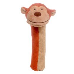 Plush monkey toy with a smiling face and a long orange and tan textured handle.