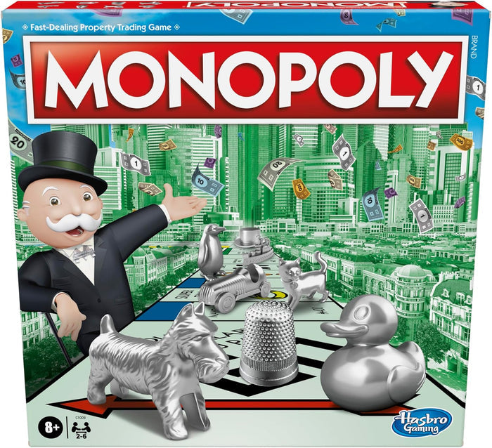 Monopoly box featuring Mr. Monopoly, silver game pieces, and money falling over a green city skyline.