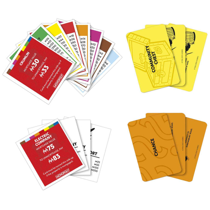Fanned Irish Monopoly property, Community Chest, and Chance cards, including a red mortgaged Crumlin card.