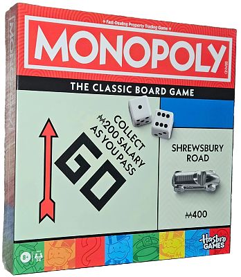 Red Monopoly box featuring the GO space, dice, silver car token, and the blue Shrewsbury Road property.