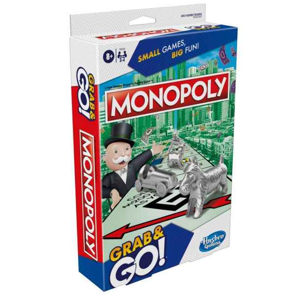 Travel-sized Monopoly box featuring Mr. Monopoly and silver tokens over a green city skyline illustration.