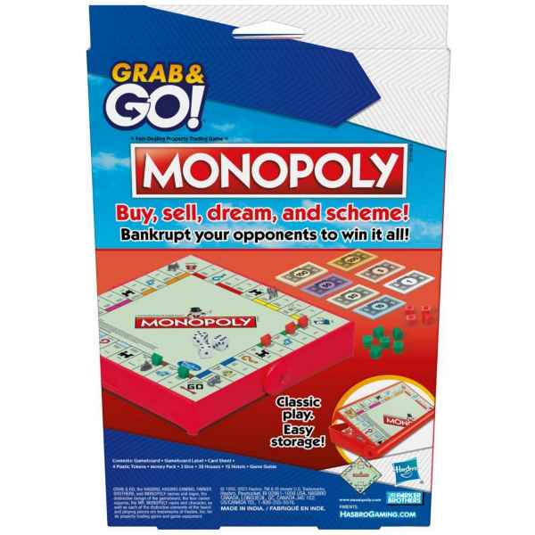 Blue and white Monopoly Grab & Go box featuring a red portable game case with miniature board, money, and houses.