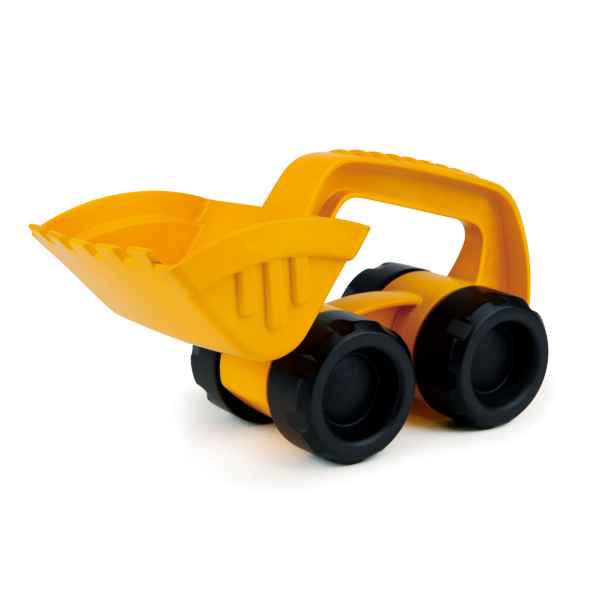 Bright yellow plastic toy excavator with a large front bucket, top handle, and chunky black wheels.