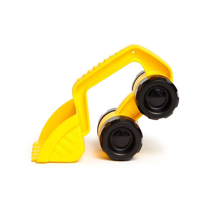 Yellow plastic toy digger featuring two large black wheels and a front bucket scoop on a white background.