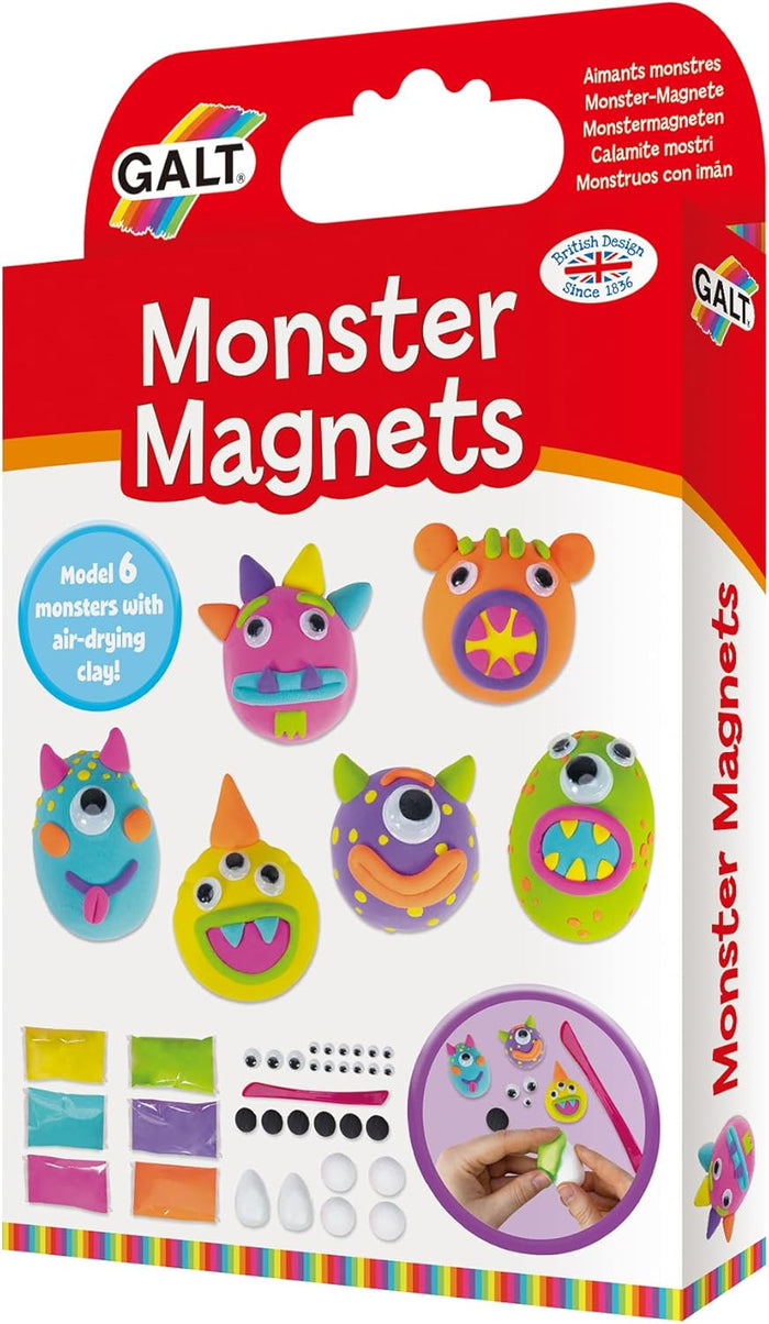 Red Galt Monster Magnets box showing six colorful clay monsters, googly eyes, magnets, and air-drying clay packets.
