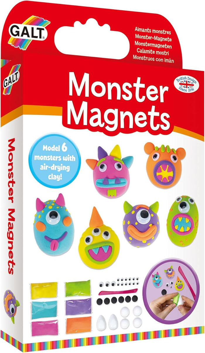 Galt Monster Magnets kit box showing six colorful clay monsters, air-drying clay packs, magnets, and googly eyes.