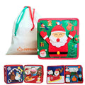 Green felt Christmas book with Santa cover, white drawstring bag, and open pages showing colorful holiday activities.