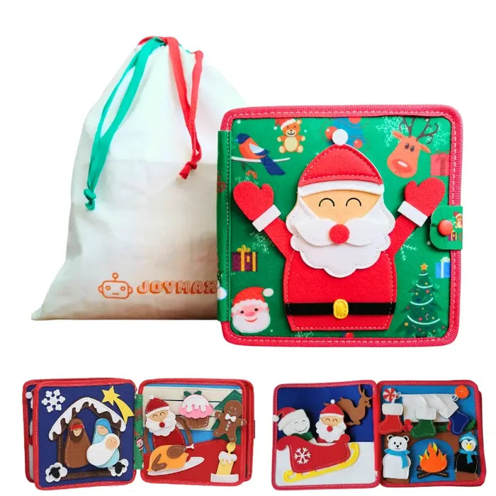 Green felt Christmas book with Santa cover, white drawstring bag, and open pages showing colorful holiday activities.