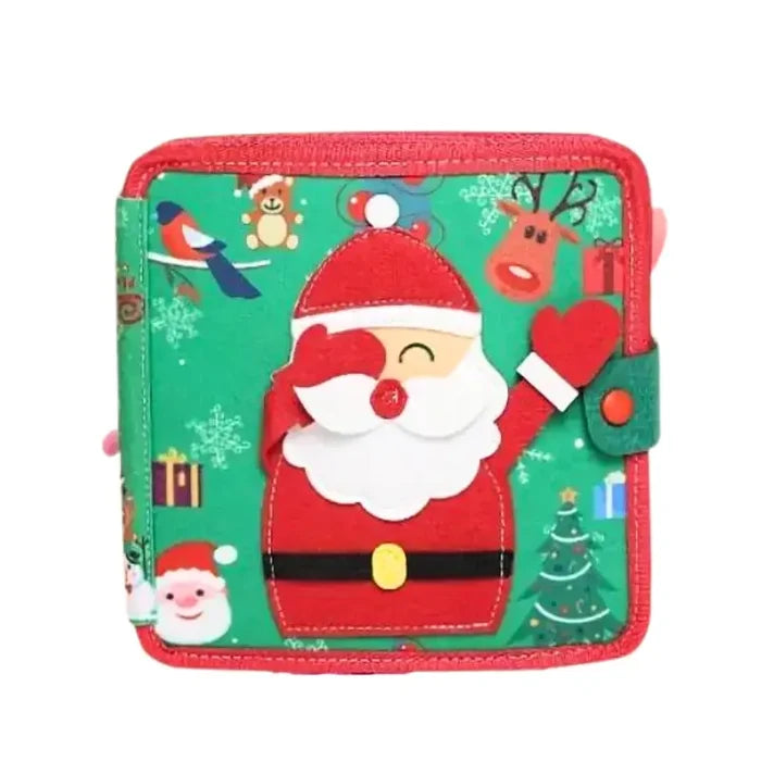 Square green felt busy book with a waving Santa, Christmas illustrations, a red snap closure, and stitched border.