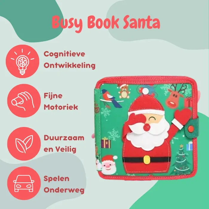 Green fabric activity book with Santa on the cover, red trim, and icons for cognitive development and motor skills.