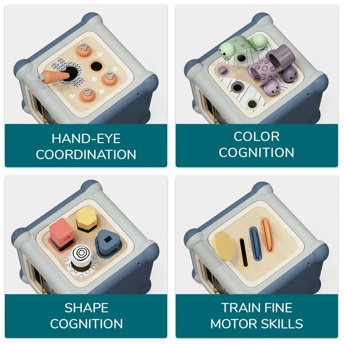 Four panels of a blue wooden activity cube showing magnetic worms, bug toys, shape sorters, and sliding colorful discs.