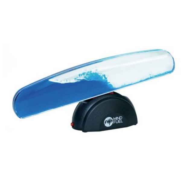 Clear oblong tube with blue liquid creating a wave, mounted on a black motorized base with Mind Fuel logo.