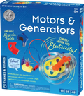 Blue STEM kit box showing a hand-crank generator with yellow gears, wires, a light bulb, and red and blue magnets.