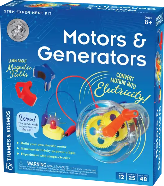 Blue STEM kit box showing a hand-crank generator with yellow gears, wires, a light bulb, and red and blue magnets.