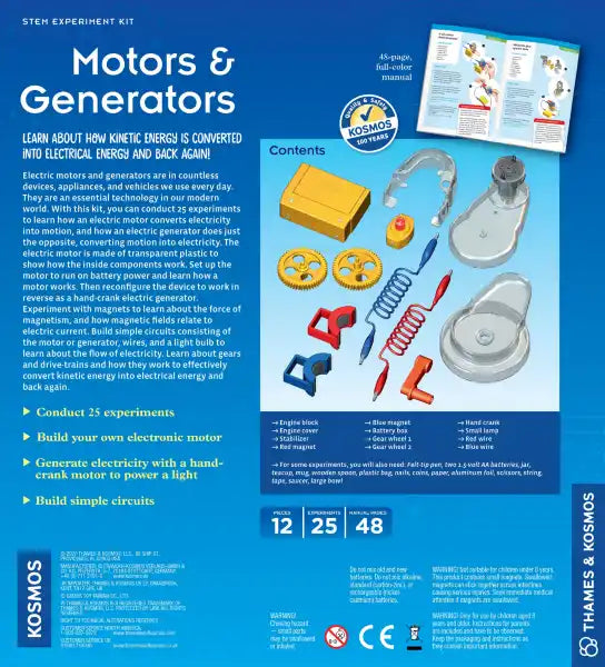 Blue science kit box showing yellow gears, wires, clear plastic motor parts, and an open instruction manual.