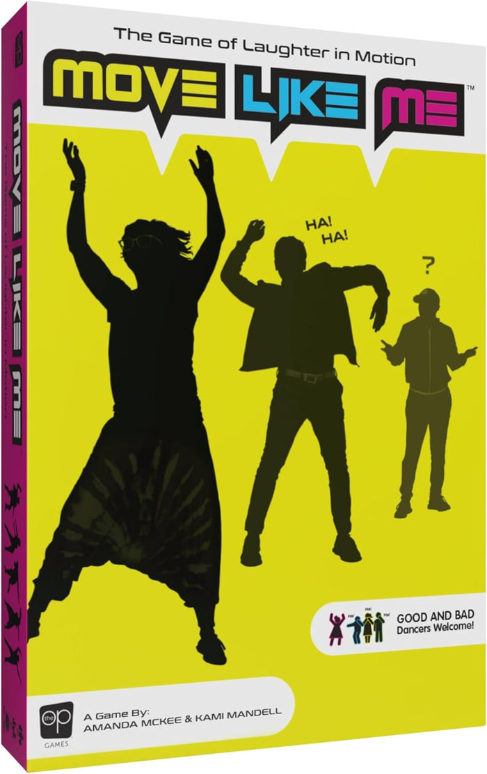 Yellow board game box with three dancing silhouettes and the title Move Like Me in colorful stylized text.
