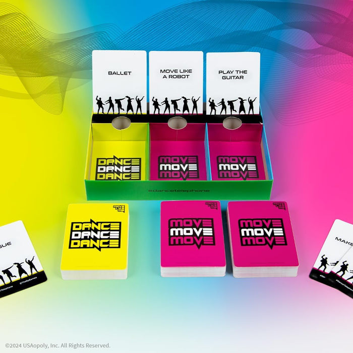 Vibrant card game with yellow and pink decks, a green box, and white prompt cards featuring dancer silhouettes.