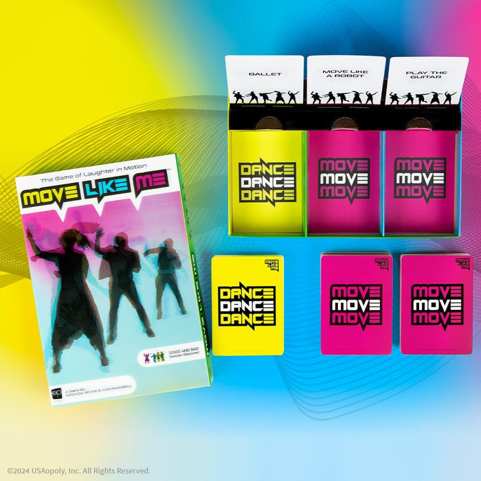 Neon game box with dancing silhouettes, yellow and pink card decks, and action cards for ballet and robot moves.