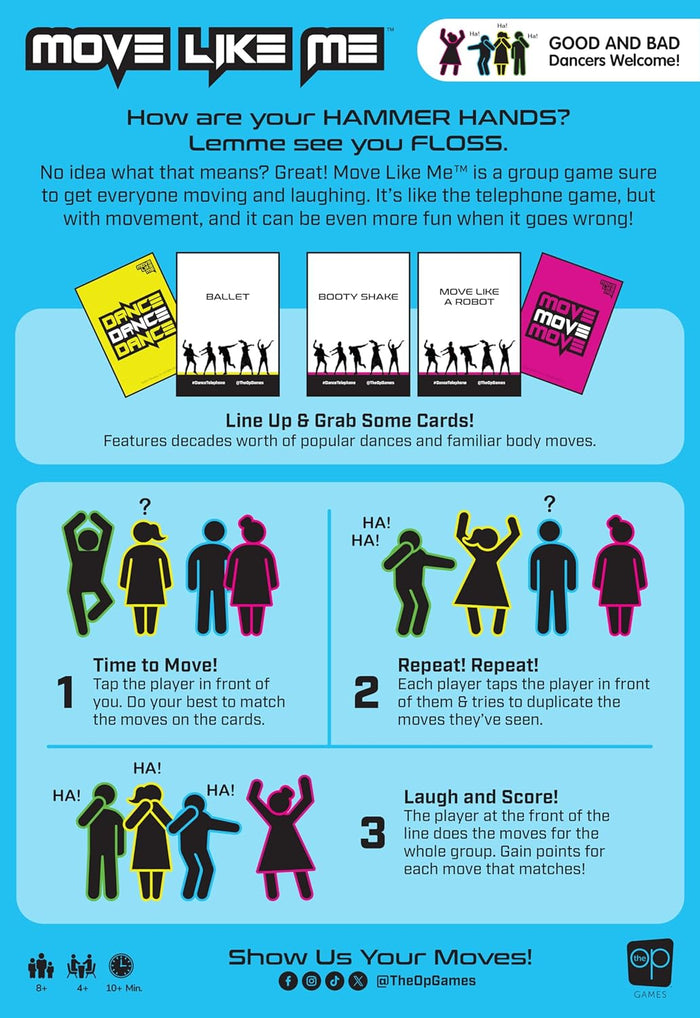 Blue infographic showing colorful silhouettes and dance cards illustrating a three-step process for a group movement game.