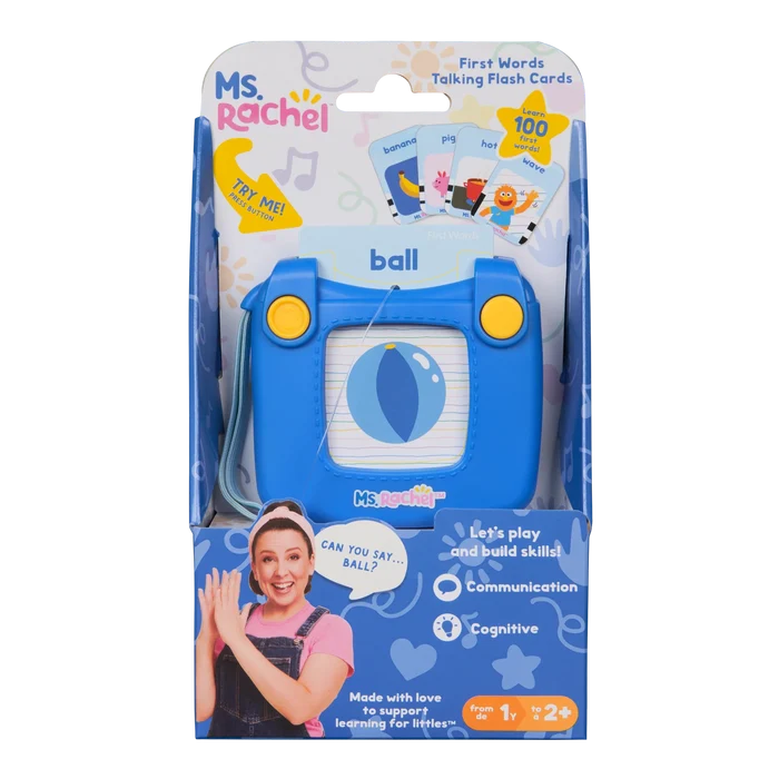 Ms. Rachel blue handheld flashcard reader toy with yellow buttons and a ball card in colorful retail packaging.