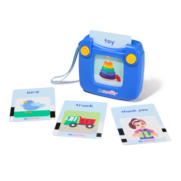 Blue Ms. Rachel card reader with yellow buttons and illustrated flashcards for toy, bird, truck, and thank you.