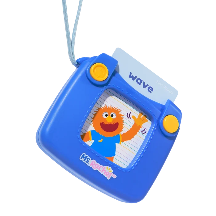 Blue Ms. Rachel toy reader with yellow buttons and a flashcard showing a waving orange puppet and the word wave.