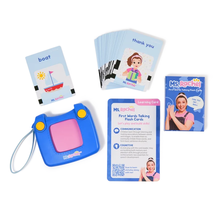 Blue electronic card reader with yellow buttons, illustrated flashcards, and packaging featuring Ms. Rachel.