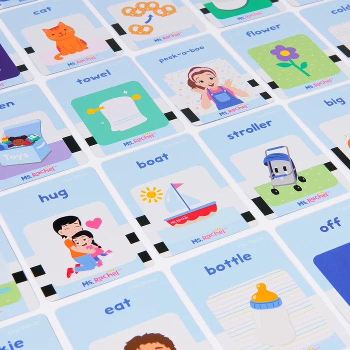Light blue flash cards with colorful illustrations for words like cat, boat, and stroller arranged in a grid.