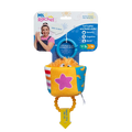 Orange fuzzy toy in a colorful plush cup with a pink star, blue hanging ring, and yellow pull handle on packaging.