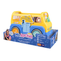 Yellow toy bus with blue fenders and wheels in blue packaging featuring Ms. Rachel and a "Try Me" arrow sticker.