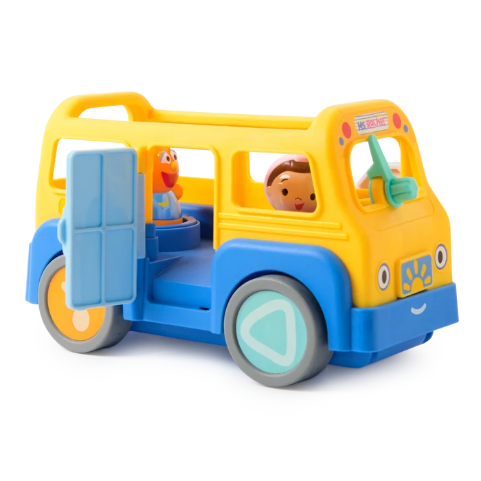 Yellow and blue plastic bus featuring character figurines, an open side door, and wheels with shape designs.
